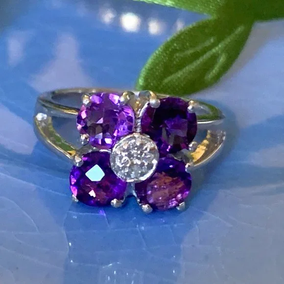-Sterling Amethyst Floral Ring | Size 5 | Celestial Luxe Sparkle - Picture 3 of 14
